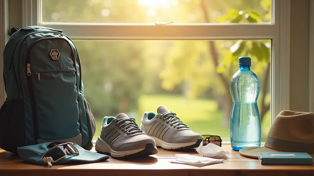 Close-up of walking essentials laid out: water bottle, comfortable shoes, and a small backpack