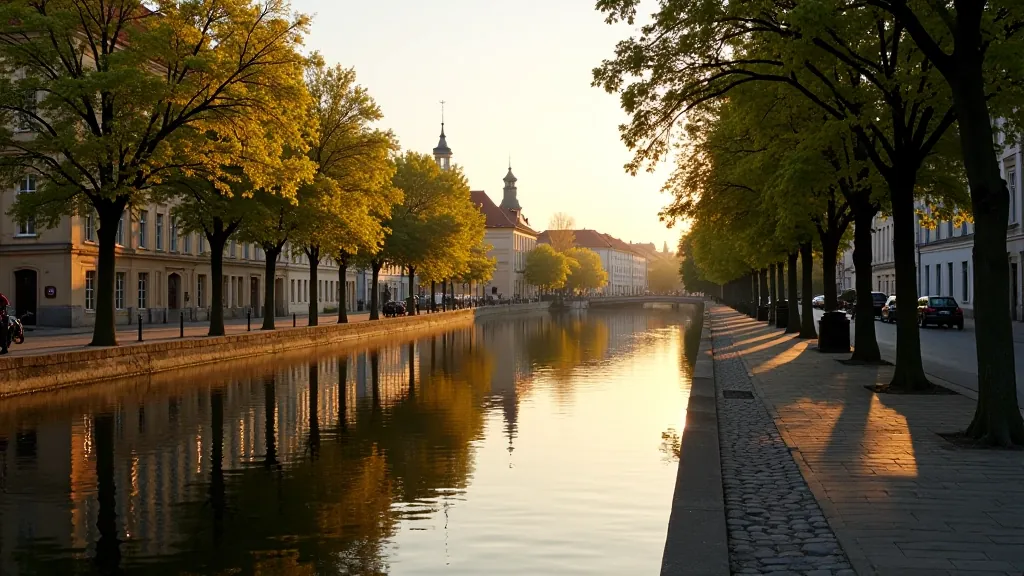 Scenic Riga canal waterfront with historic buildings reflected in calm water, tree-lined pathway