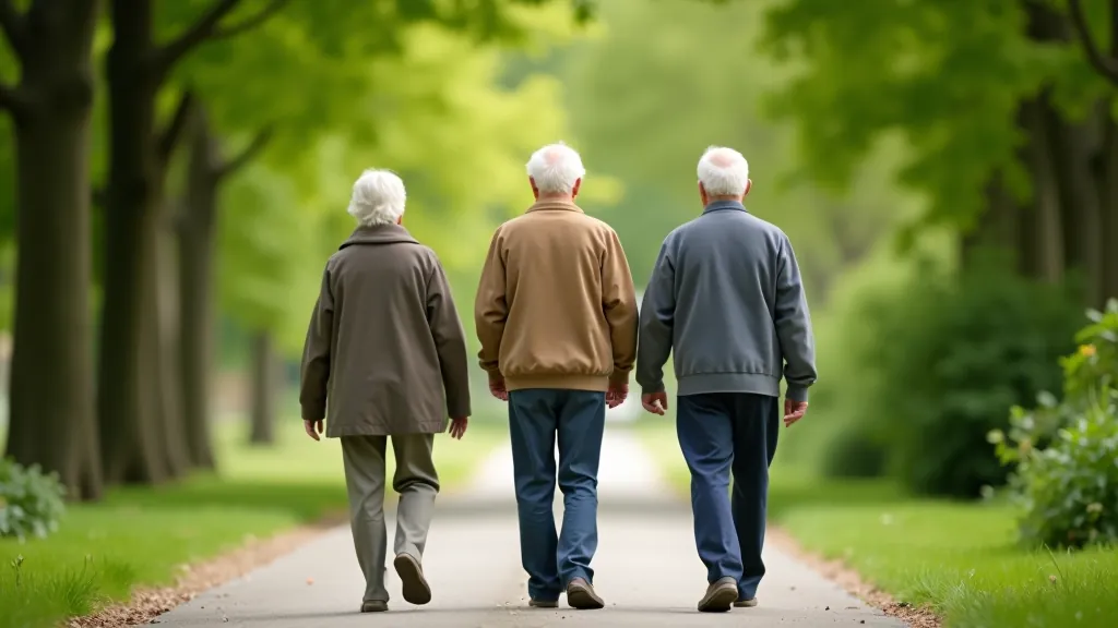Three people walking at a relaxed pace on a tree-lined promenade, chatting as they move