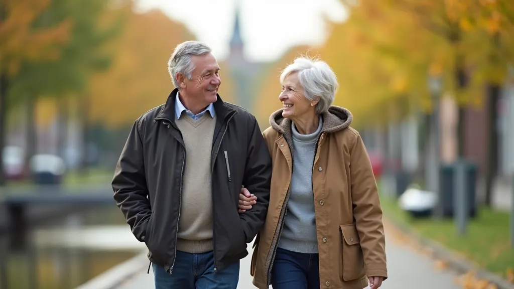 Two older adults walking together on the canal path, enjoying conversation